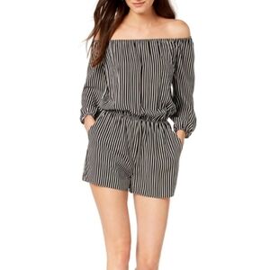 NWT Bar III Romper Womens Small Black White Mini Thin Striped Off Shoulder